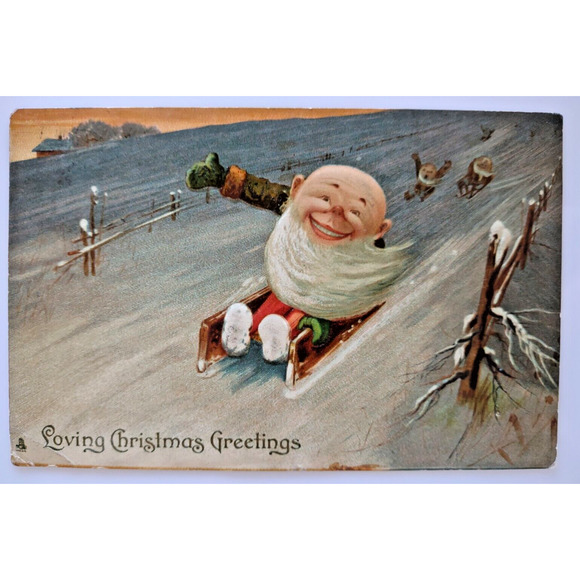 Christmas Postcard Dwarf Gnomes Fantasy Downhill Racing On Sled Tuck Series 8360 - Picture 2 of 3
